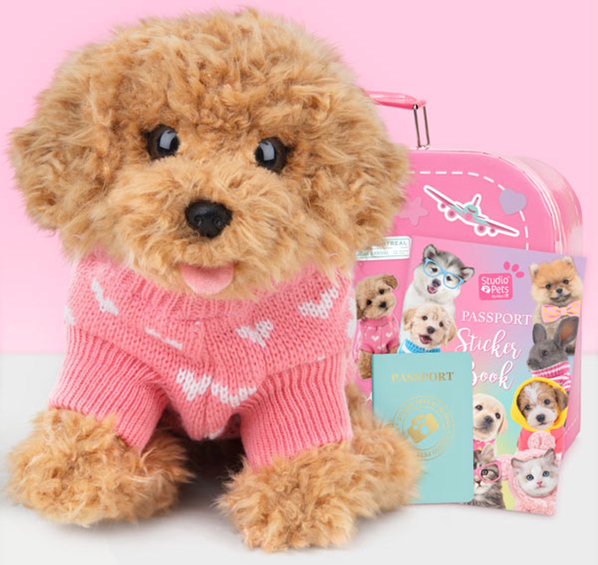 Studio Pets Knuffel Toypoedel | Cookie | Set | Pluche knuffel 23cm + Roze speelgoedkoffer + Paspoort + Stickerboek